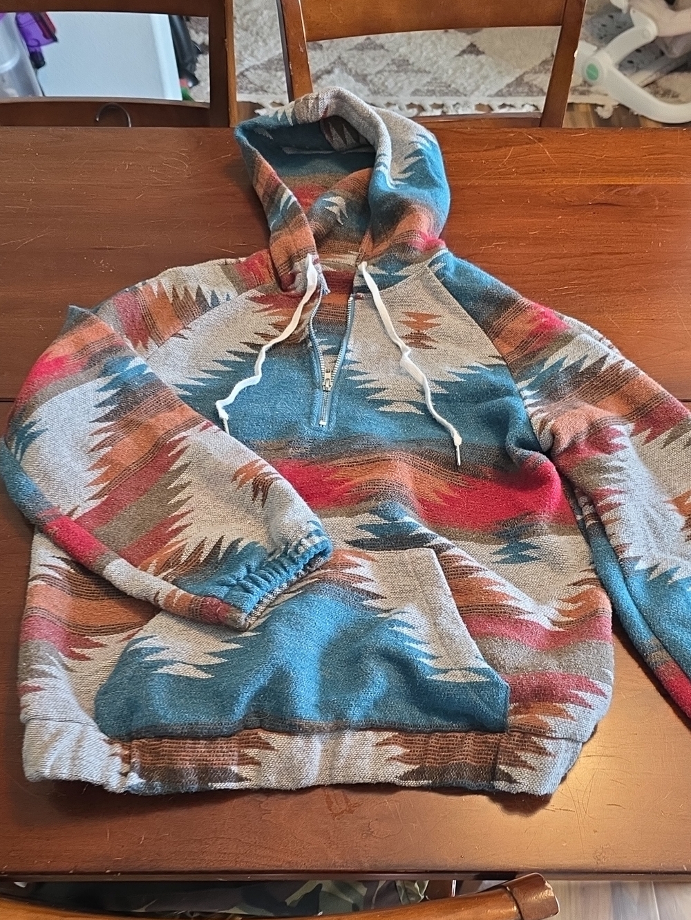 Half-Zip Hooded Sweater in Teal and Multicolor Aztec